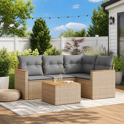 Beige Modular 5-Piece Outdoor Sofa Set with Acacia Top