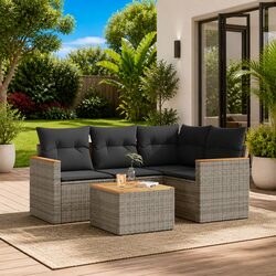 5-Piece Grey Poly Rattan Garden Sofa Set with Cushions