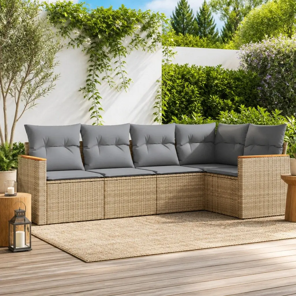 Garden Sofa Set PE Rattan 5 Piece Modular Outdoor Furniture Beige Cushions