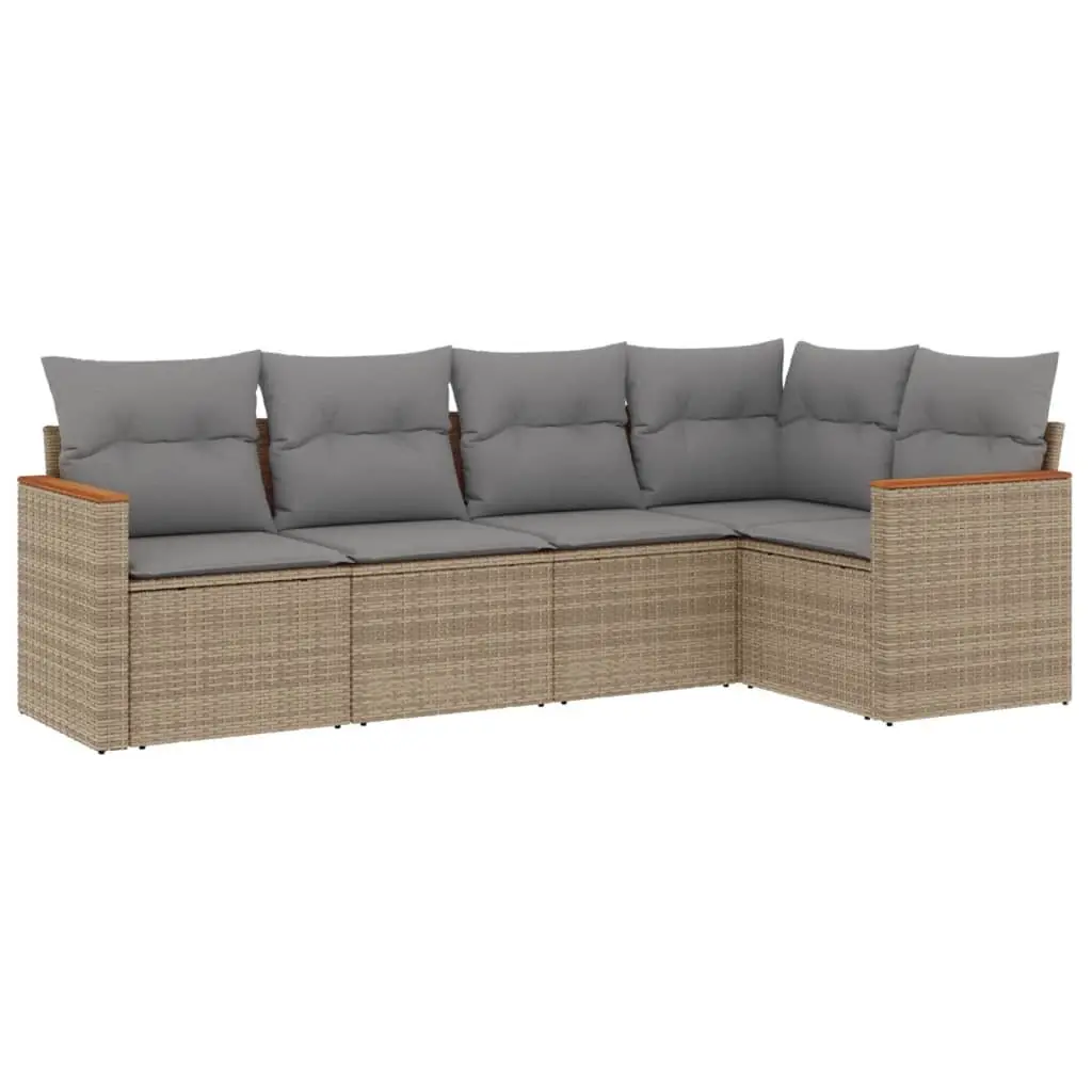 Garden Sofa Set PE Rattan 5 Piece Modular Outdoor Furniture Beige Cushions