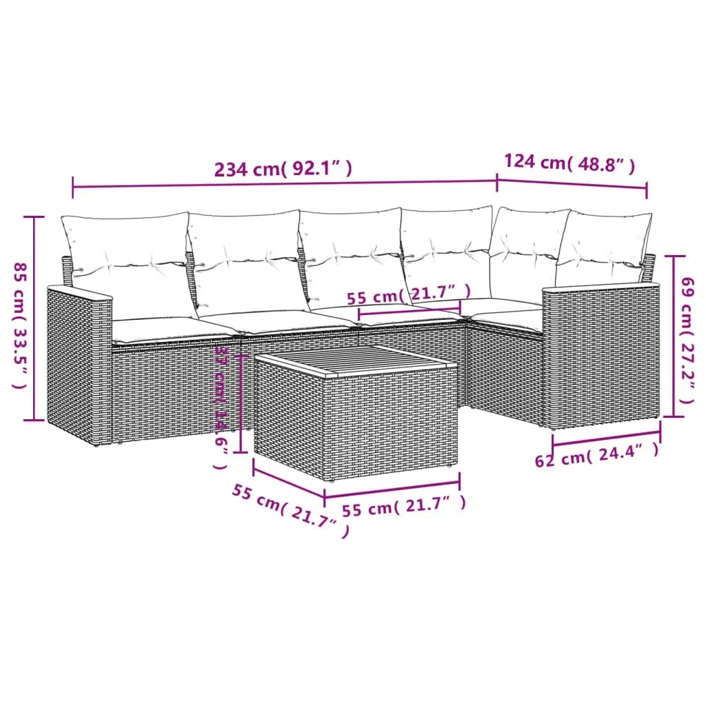 Garden Sofa Set PE Rattan 6 Piece Outdoor Furniture Patio Lounge Grey