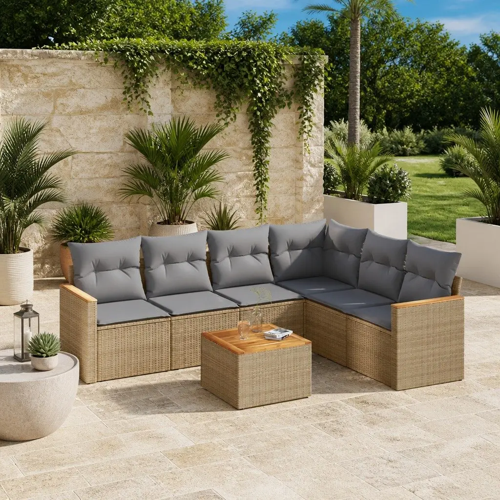 Garden Sofa Set Poly Rattan 7 Piece Outdoor Furniture Patio Beige
