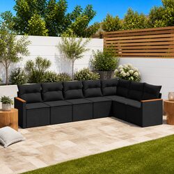 7-Piece Black Garden Sofa Set with Cushions