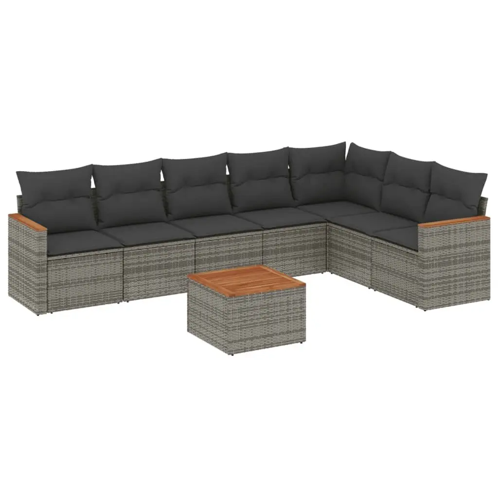 Garden Sofa Set PE Rattan 8 Piece Outdoor Furniture Grey Acacia Wood Tabletop Powder-coated Steel Frame