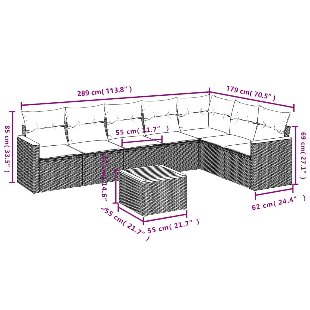 Garden Sofa Set PE Rattan 8 Piece Outdoor Furniture Grey Acacia Wood Tabletop Powder-coated Steel Frame