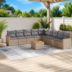 10 Piece Beige Poly Rattan Garden Sofa Set for Outdoor
