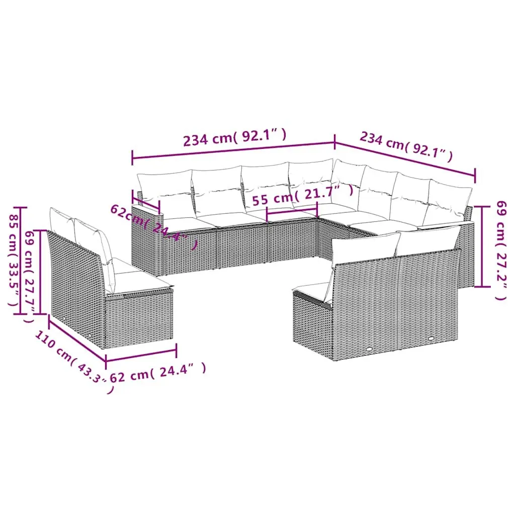 11 Piece Modular Black Rattan Garden Sofa Set