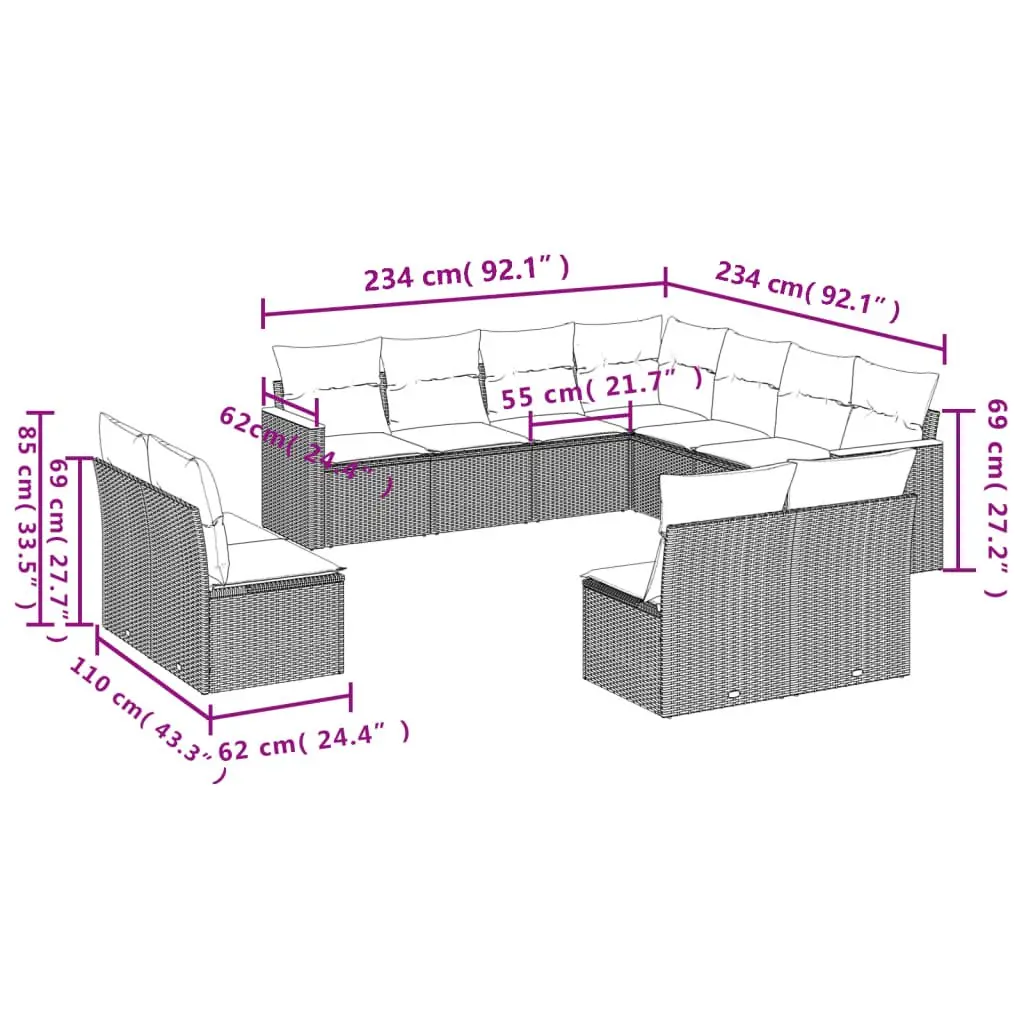 Garden Sofa Set PE Rattan 11 Pieces Modular Outdoor Patio Furniture Black