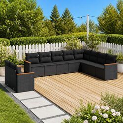 Modular Black Garden Sofa Set - 10 Pieces with Cushions