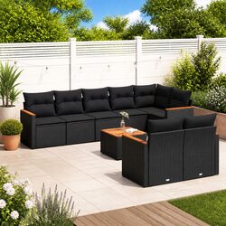 Black 9-Piece Outdoor Garden Sofa Set with Cushions