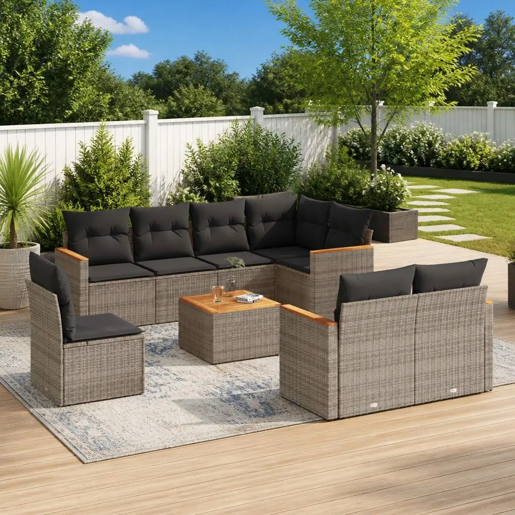 9 Piece Garden Sofa Set PE Rattan Acacia Wood Grey Outdoor Patio Furniture