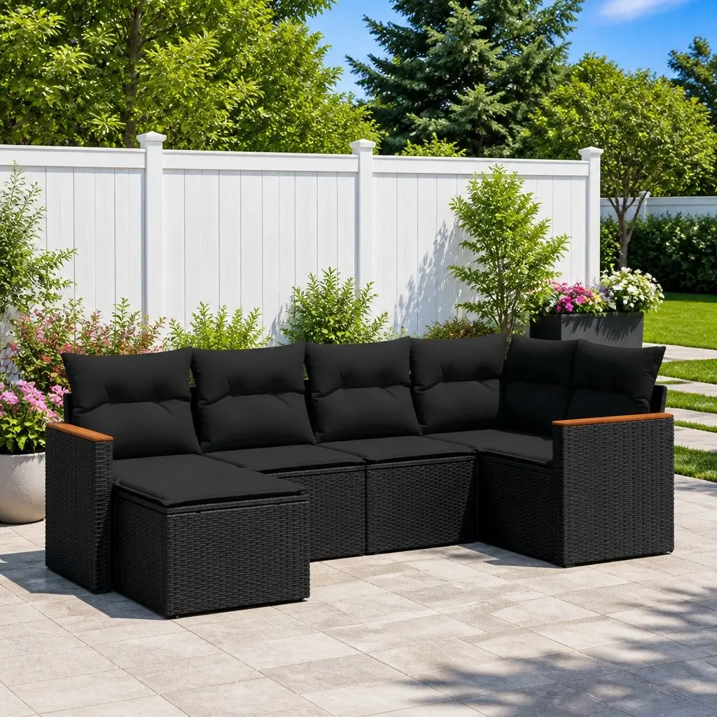 6 Piece Black Rattan Modular Garden Sofa Set