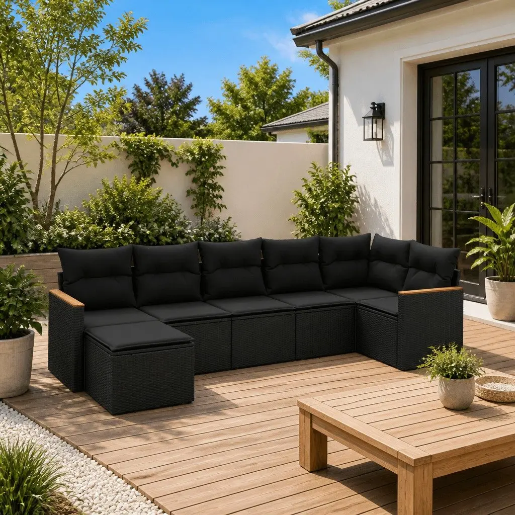 Garden Sofa Set PE Rattan 7 Piece Outdoor Furniture Patio Lounge Black