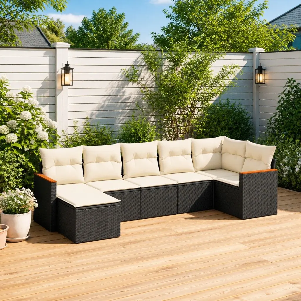Garden Sofa Set 7 Piece Outdoor Patio Furniture with Cushions Black Rattan