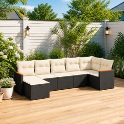Outdoor 7-Piece Garden Sofa Set with Cushions - Black Rattan