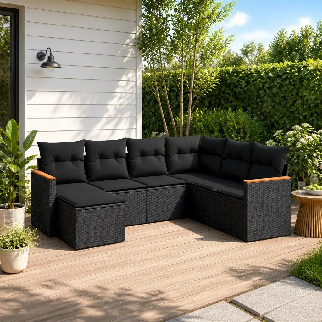 Garden Sofa Set PE Rattan 7 Piece Outdoor Patio Furniture with Cushions Black