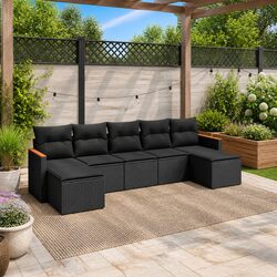 7 Piece Black Poly Rattan Outdoor Sofa Set with Cushions
