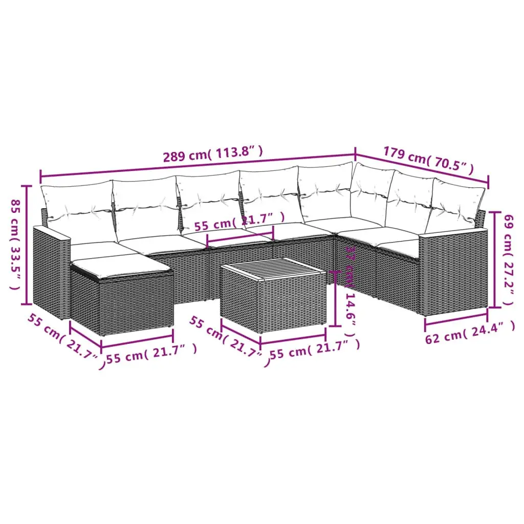 9 Piece Grey Garden Sofa Set with Cushions
