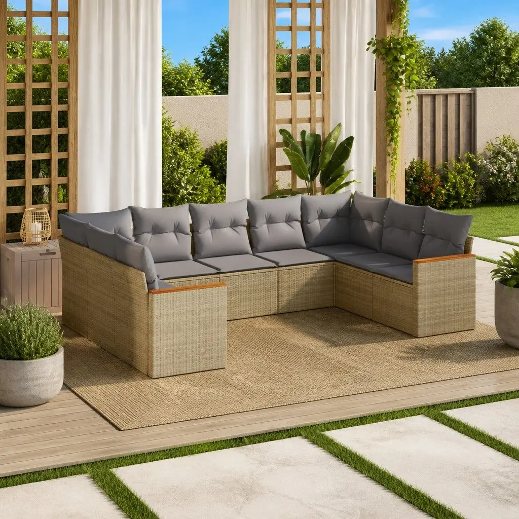 Garden Sofa Set PE Rattan 9 Piece Outdoor Furniture Modular Lounge Beige