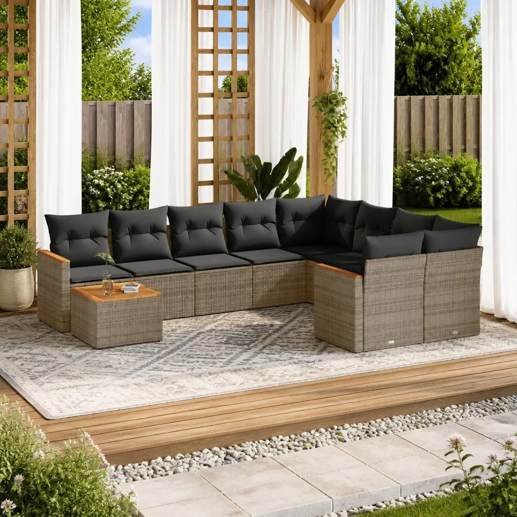 10 Piece Garden Sofa Set PE Rattan Acacia Wood Steel Frame Grey