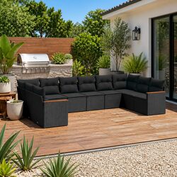 10 Piece Outdoor Garden Sofa Set with Removable Cushions Black Modular Patio