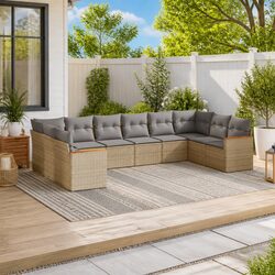 Beige Poly Rattan Garden Sofa Set – 10-Piece Outdoor Seating