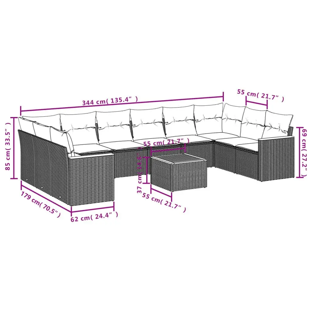 Outdoor Modular 11-Piece Sofa Set in Beige Poly Rattan