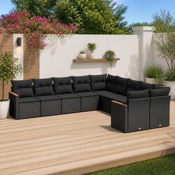 Black Rattan Garden Sofa Set - 10 Piece Outdoor Modular Furniture