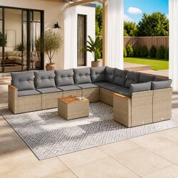 11-Piece Beige Rattan Outdoor Garden Sofa Set