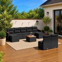 10-Piece Black Poly Rattan Garden Sofa Set