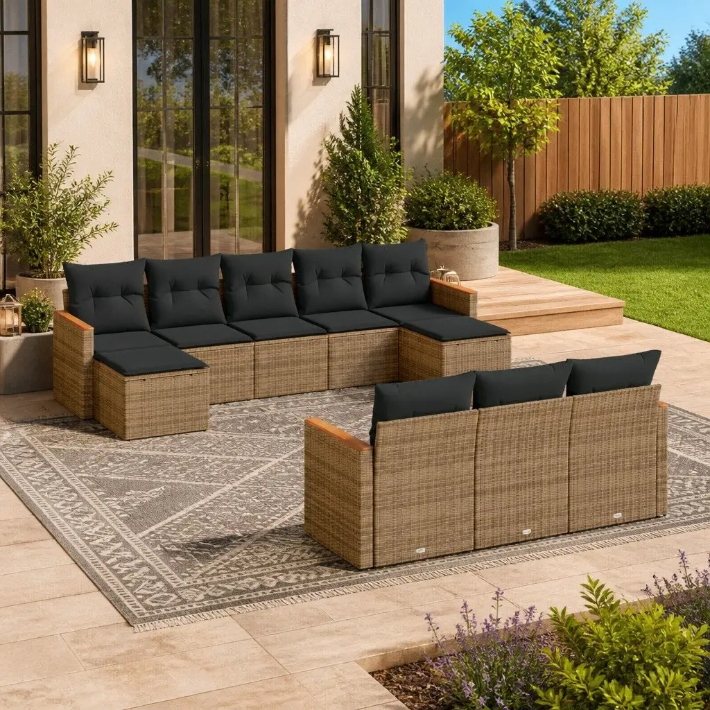 Garden Sofa Set PE Rattan 10 Piece Outdoor Furniture Patio Sectional with Cushions Grey