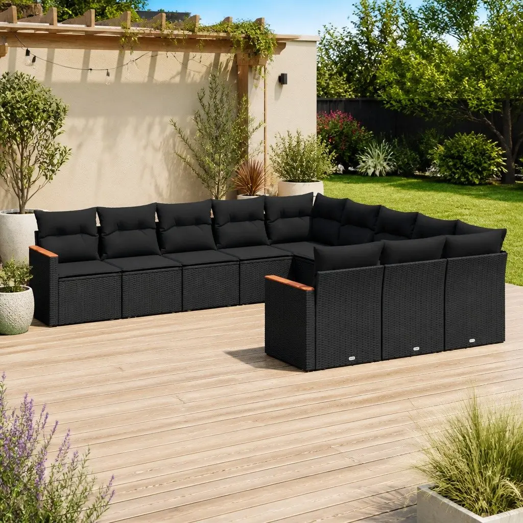 11 Piece Black Modular Garden Sofa Set with Cushions