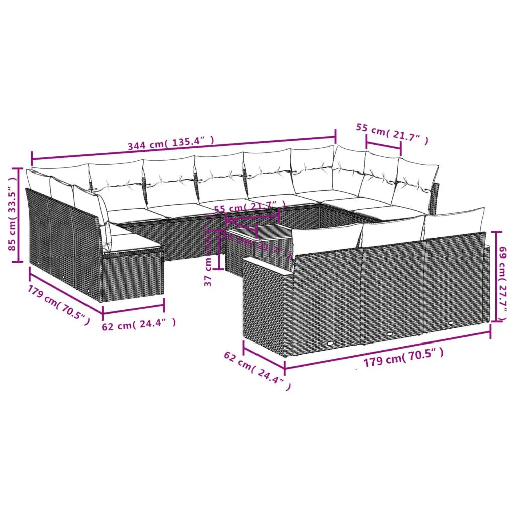 Garden Sofa Set PE Rattan 14 Piece Outdoor Furniture Grey Patio Sectional with Cushions