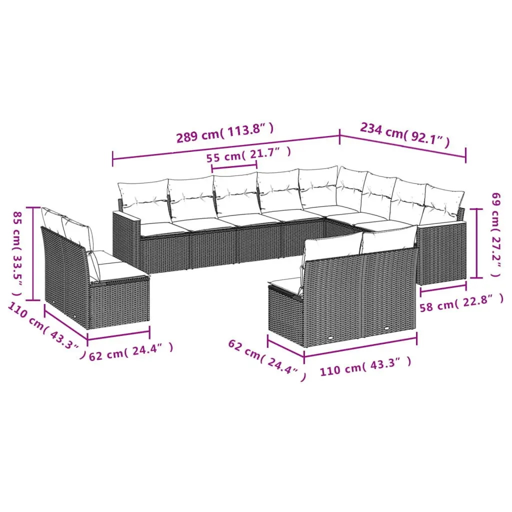Garden Sofa Set PE Rattan 12 Piece Modular Outdoor Furniture Sectional Grey