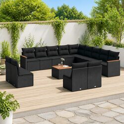 14-Piece Black Poly Rattan Garden Sofa Set