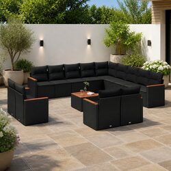 Modular 14-Piece Black Poly Rattan Garden Sofa Set