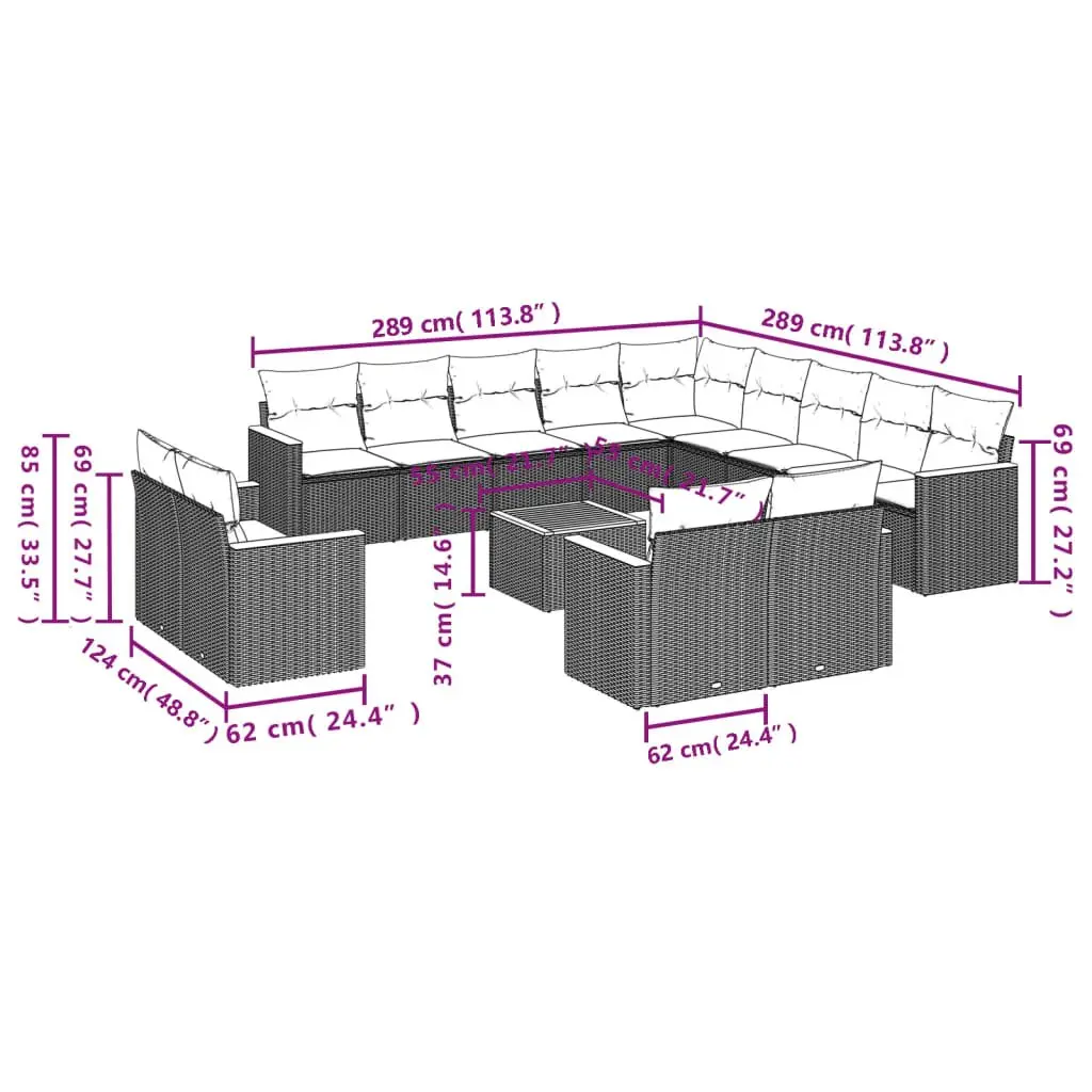 Garden Sofa Set PE Rattan 14 Piece Grey Acacia Wood Tabletop Powder-coated Steel Frame