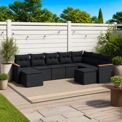 9-Piece Black Poly Rattan Outdoor Garden Sofa Set