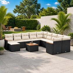 Modular 12-Piece Black Poly Rattan Garden Sofa Set