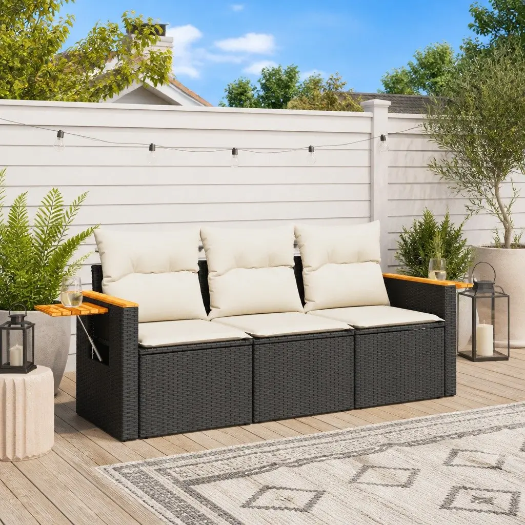 Black Poly Rattan 3-Piece Outdoor Sofa Set with Cushions