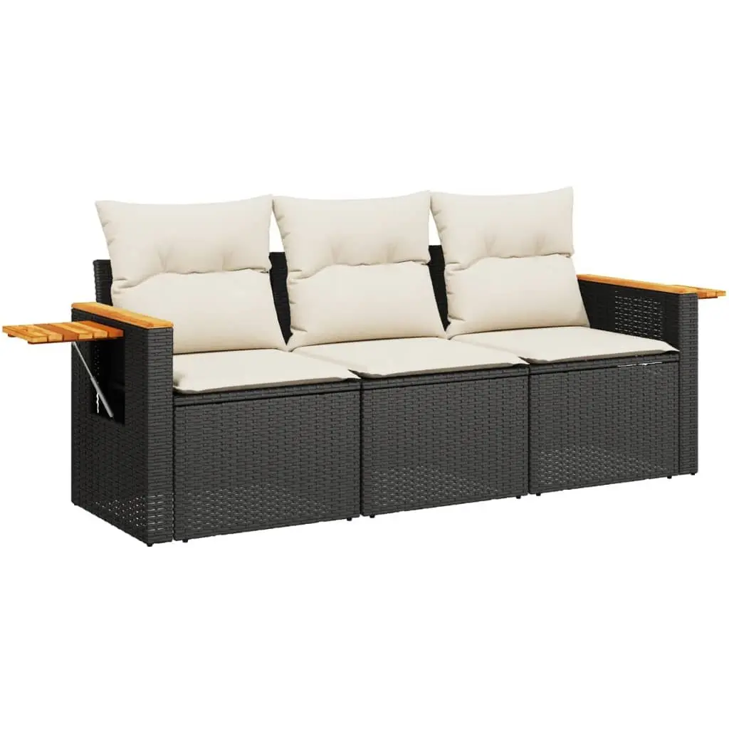 Black Poly Rattan 3-Piece Outdoor Sofa Set with Cushions
