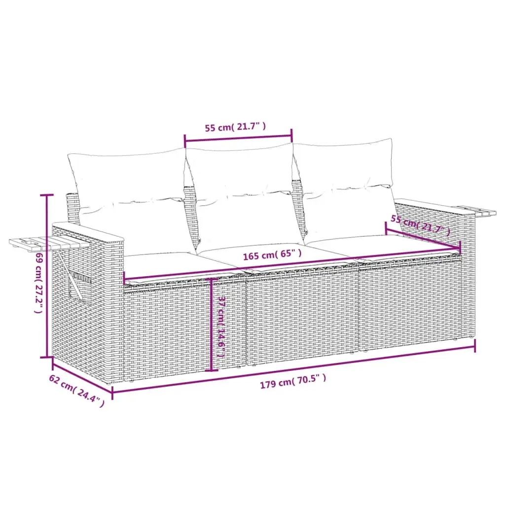 Black Poly Rattan 3-Piece Outdoor Sofa Set with Cushions