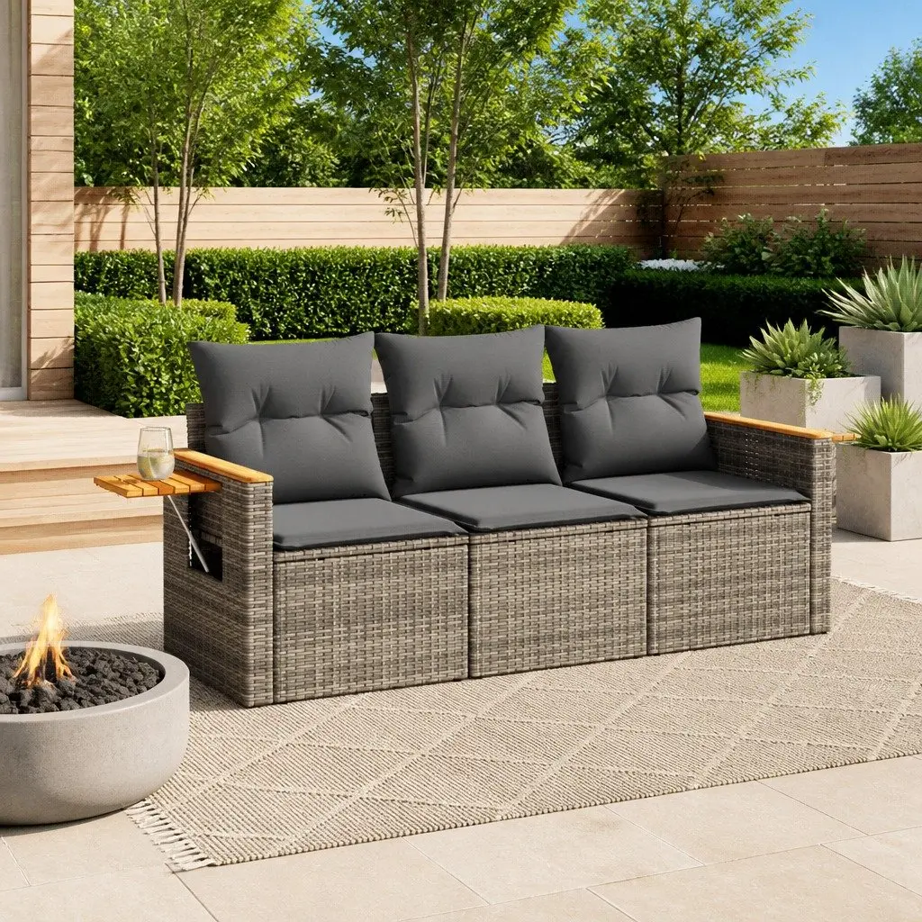 Grey Modular Outdoor Furniture Set Poly Rattan 3 Piece Sofa with Cushions and Foldable Side Table