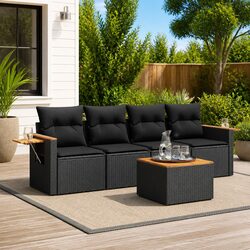 Durable 5 Piece Black Poly Rattan Garden Sofa Set