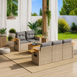 Outdoor 6-Piece Beige Poly Rattan Garden Sofa Set