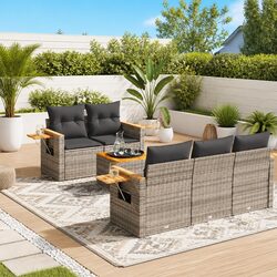Durable 6 Piece Grey Rattan Garden Sofa Set with Cushions