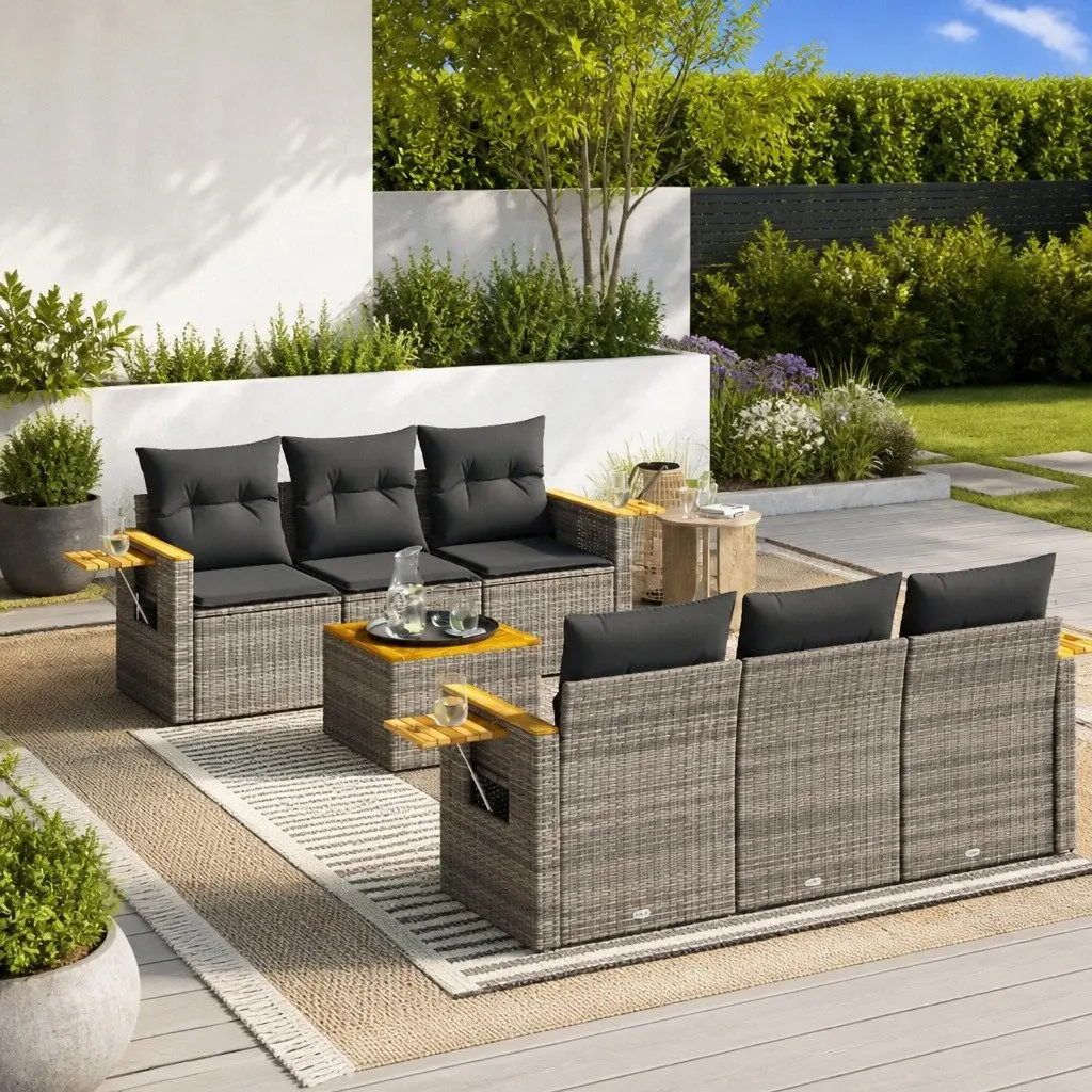 Garden Sofa Set PE Poly Rattan 7 Piece Grey Outdoor Furniture