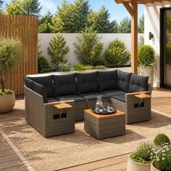 7 Piece Grey Poly Rattan Garden Sofa Set