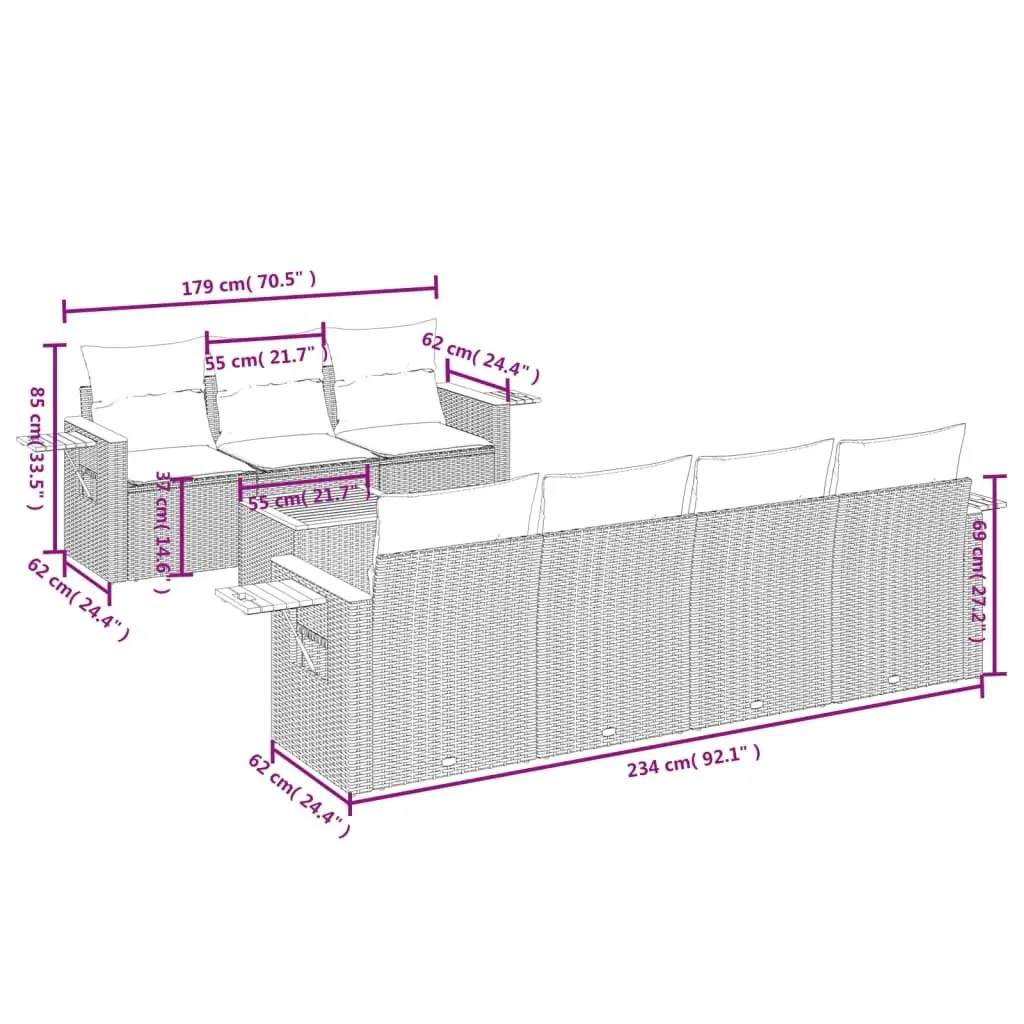 8 Piece Garden Sofa Set Poly Rattan Grey with Removable Cushions and Acacia Wood Tabletop