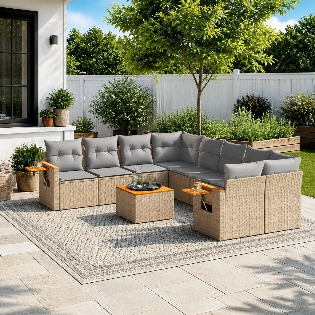 9 Piece Outdoor Sofa Set PE Rattan Modular Beige with Acacia Wood Table Top